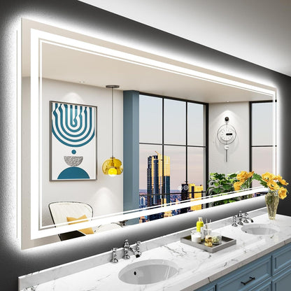 Specchio da bagno a parete in vetro temperato antiappannamento con illuminazione a LED anteriore e posteriore di dimensioni standard