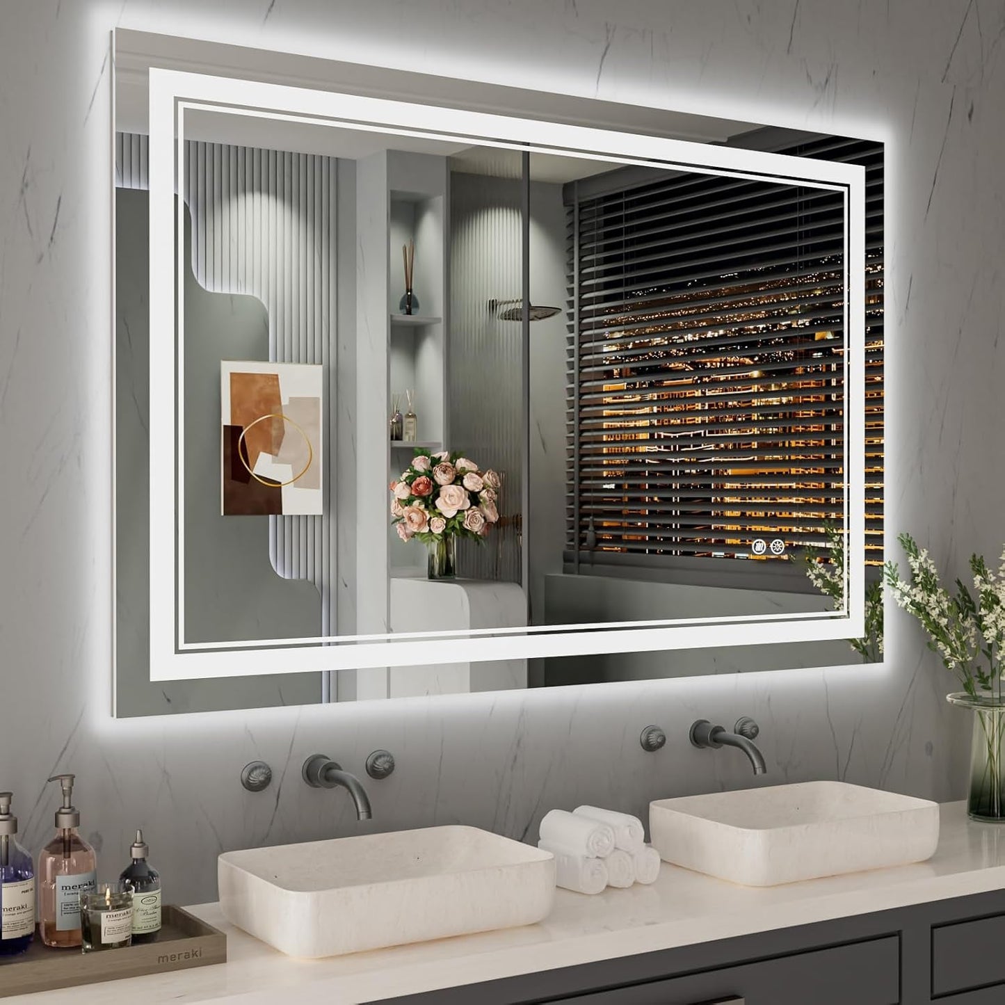 Specchio da bagno a parete in vetro temperato antiappannamento con illuminazione a LED anteriore e posteriore di dimensioni standard