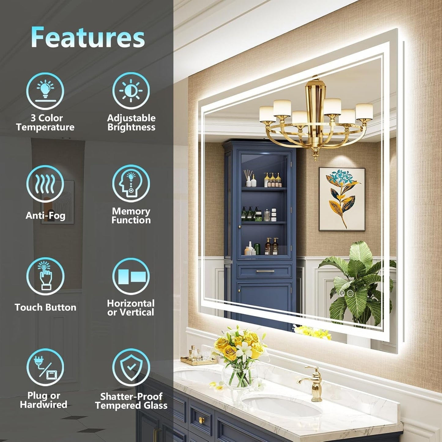 Specchio da bagno a parete in vetro temperato antiappannamento con illuminazione a LED anteriore e posteriore di dimensioni standard