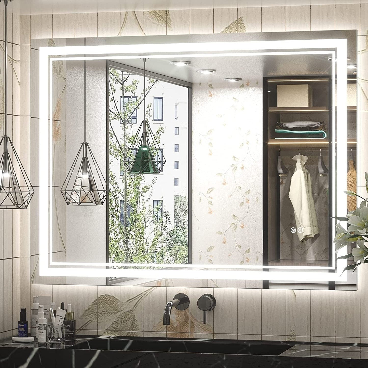 Specchio da bagno a parete in vetro temperato antiappannamento con illuminazione a LED anteriore e posteriore di dimensioni standard