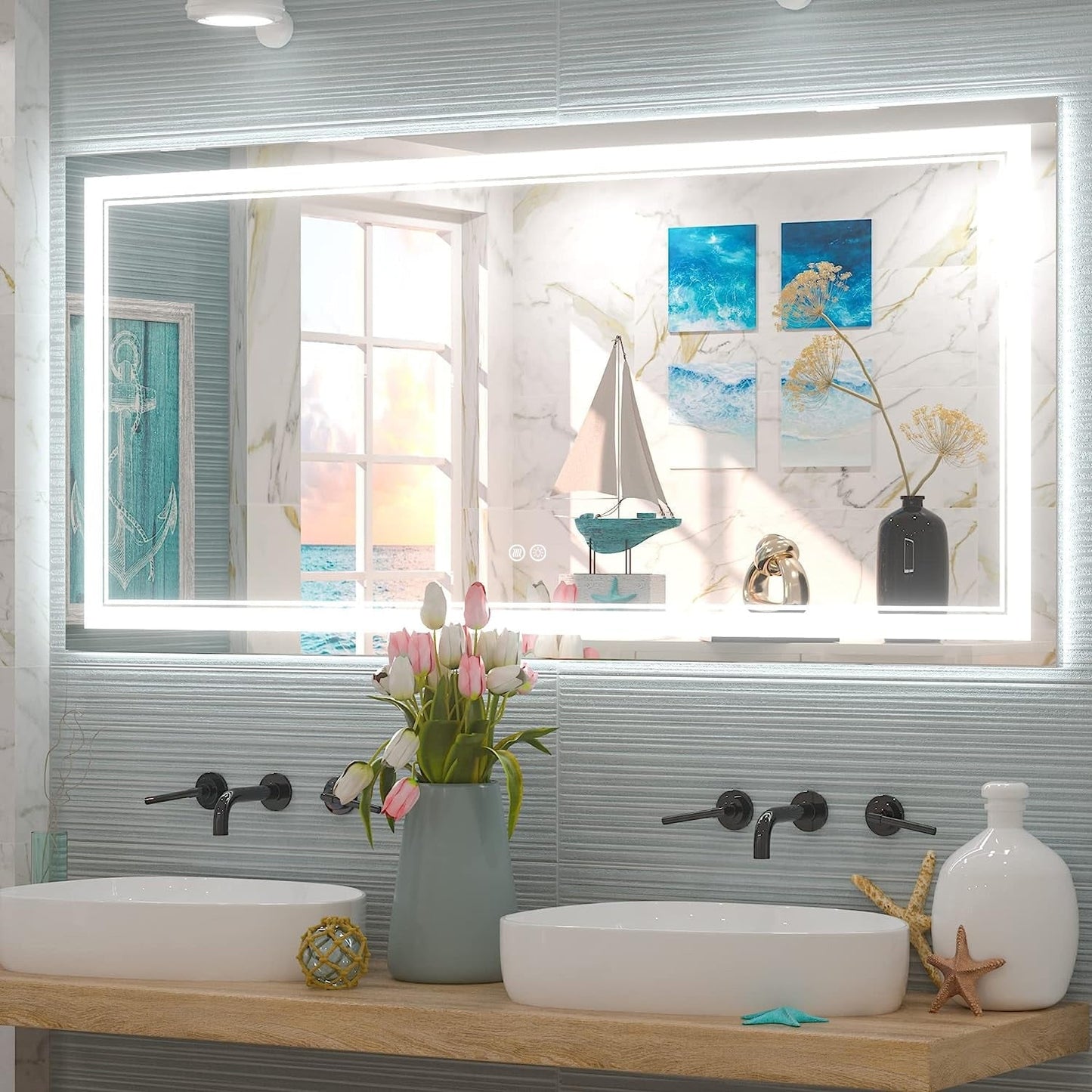Specchio da bagno a parete in vetro temperato antiappannamento con illuminazione a LED anteriore e posteriore di dimensioni standard