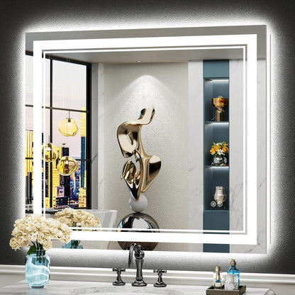 Specchio da bagno a parete in vetro temperato antiappannamento con illuminazione a LED anteriore e posteriore di dimensioni standard