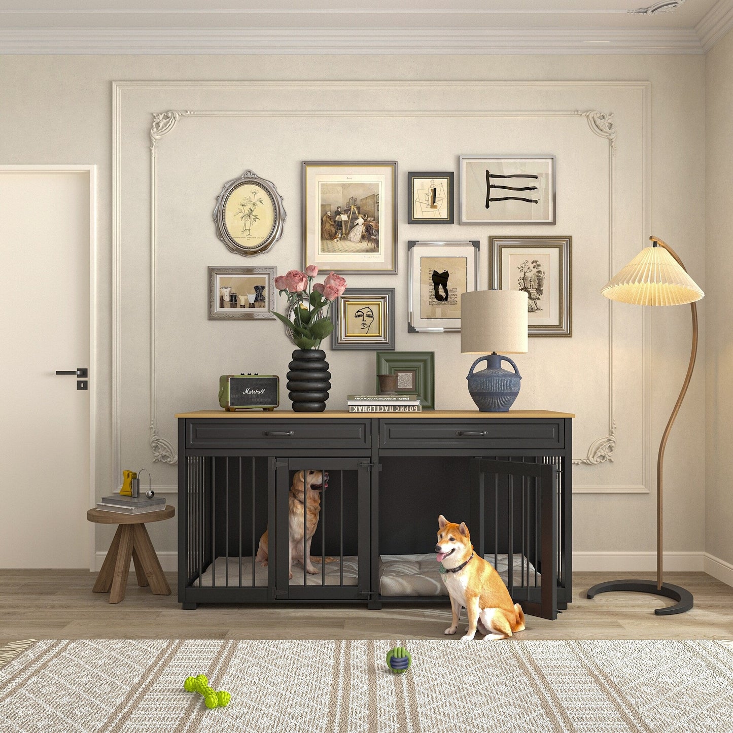 Trasportino per cani in stile mobile, cuccia per cani di grandi dimensioni in legno da 64,5 pollici