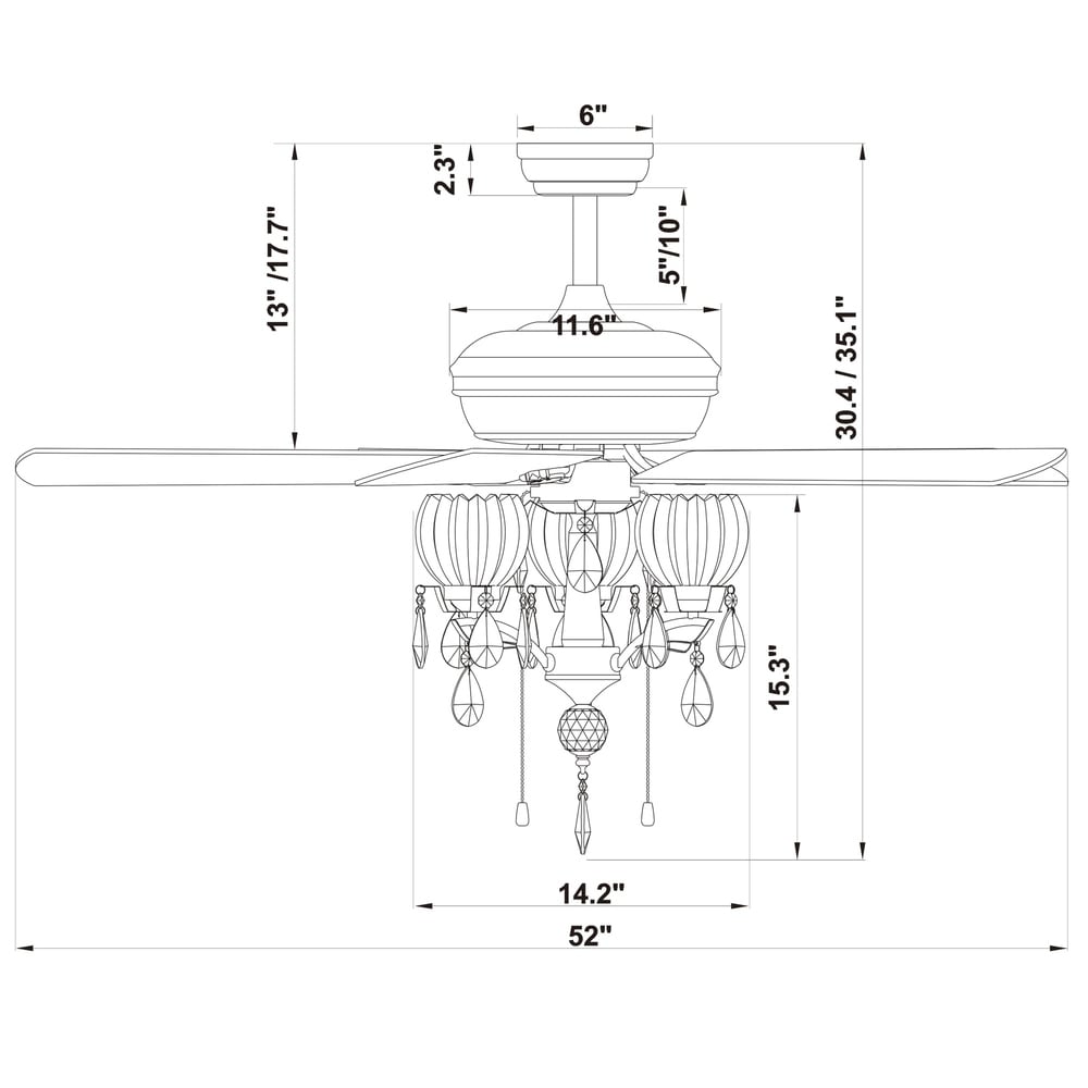 Ventilatore da soffitto Garlow nero opaco a 5 pale con lampadario a forma di coppe di fiori in cristallo (telecomando incluso) - Diametro 52 pollici