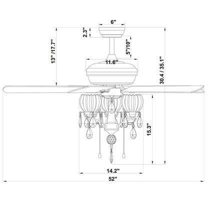 Ventilatore da soffitto Garlow nero opaco a 5 pale con lampadario a forma di coppe di fiori in cristallo (telecomando incluso) - Diametro 52 pollici
