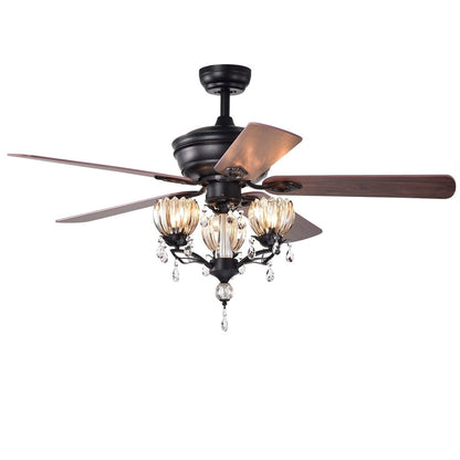 Ventilatore da soffitto Garlow nero opaco a 5 pale con lampadario a forma di coppe di fiori in cristallo (telecomando incluso) - Diametro 52 pollici