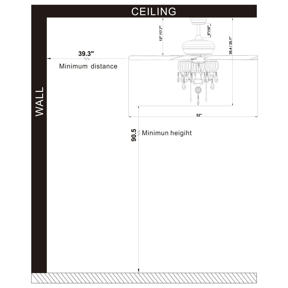Ventilatore da soffitto Garlow nero opaco a 5 pale con lampadario a forma di coppe di fiori in cristallo (telecomando incluso) - Diametro 52 pollici