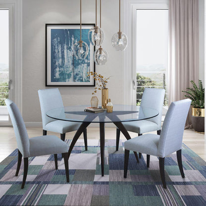 Tavolo da pranzo moderno con gambe a ragno e piano in vetro