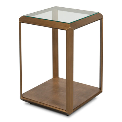 Tavolino laterale in ottone anticato con piano in vetro