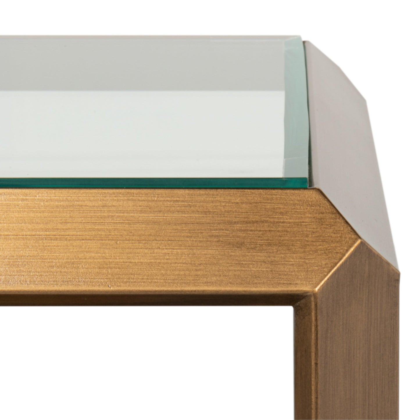 Tavolino laterale in ottone anticato con piano in vetro