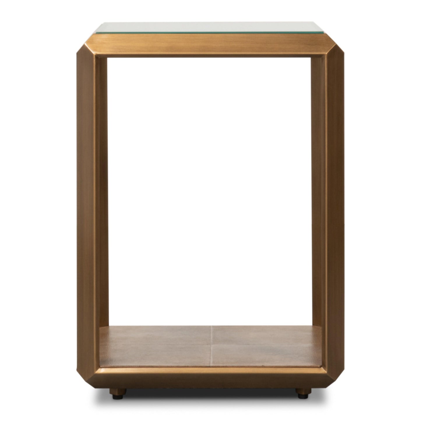 Tavolino laterale in ottone anticato con piano in vetro