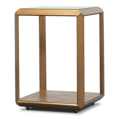 Tavolino laterale in ottone anticato con piano in vetro