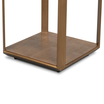 Tavolino laterale in ottone anticato con piano in vetro