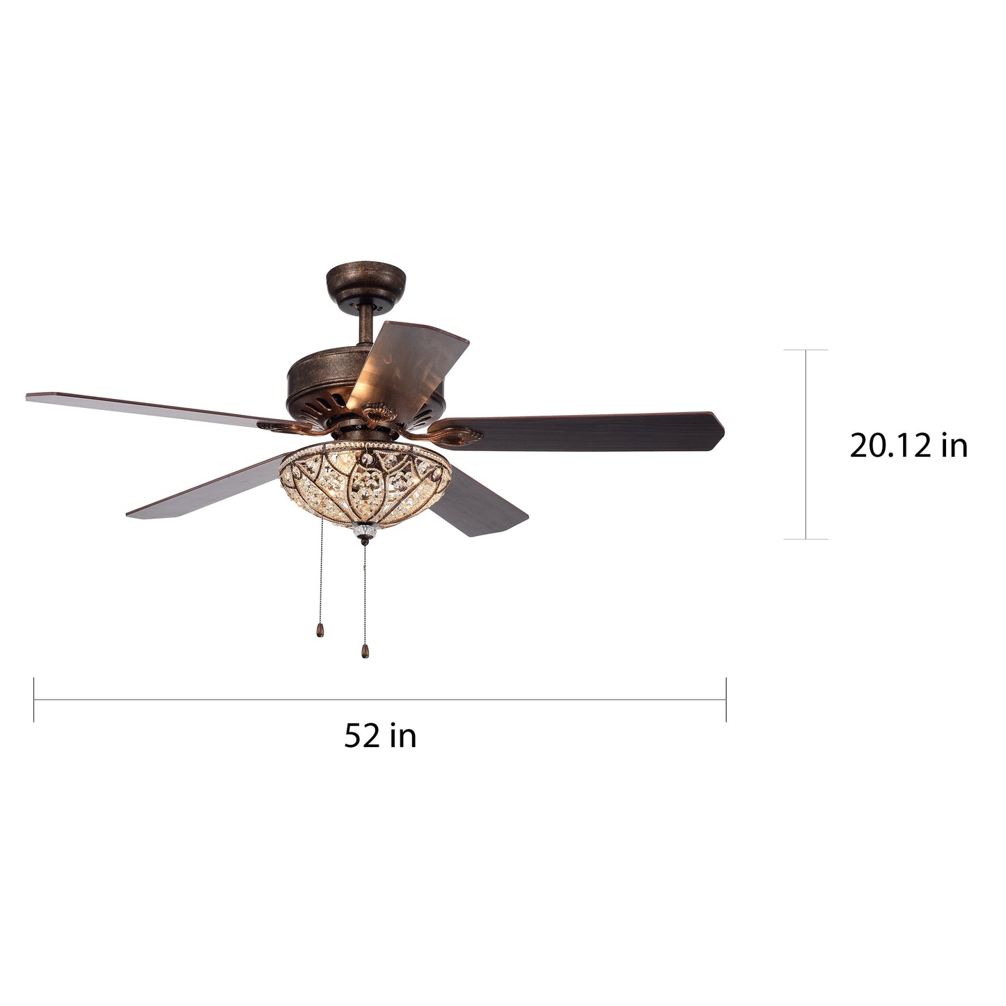 Ventilatore da soffitto Gliska Rustic Bronze a 5 pale con paralume in cristallo e illuminazione