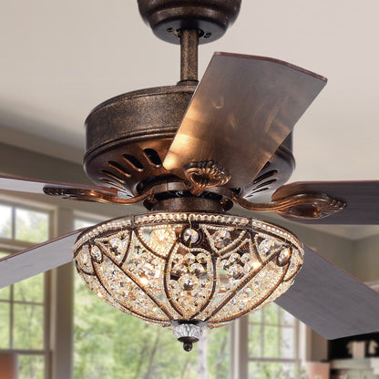 Ventilatore da soffitto Gliska Rustic Bronze a 5 pale con paralume in cristallo e illuminazione