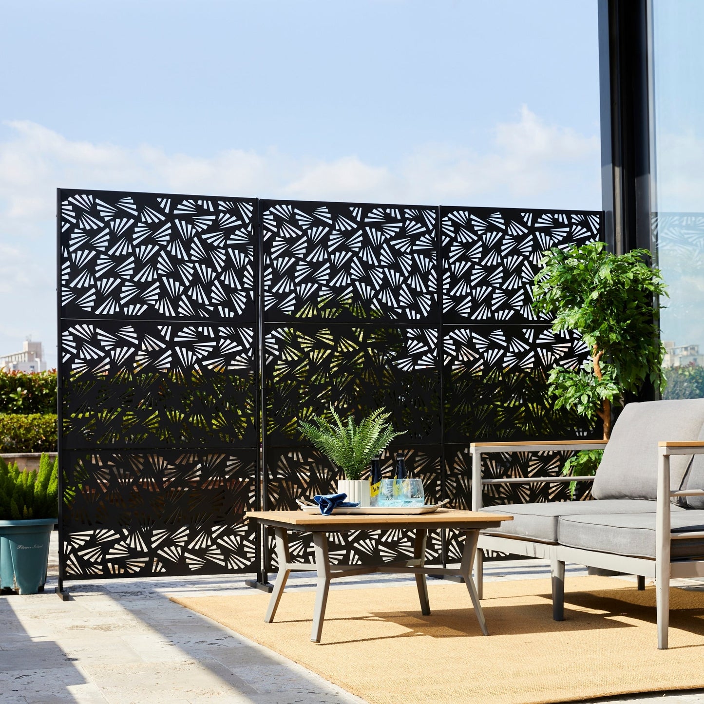 Glitzhome, recinzione divisoria per la privacy a 3 pannelli con motivo floreale zincato da 6 piedi