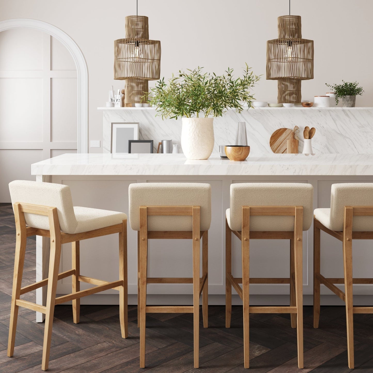 Sgabello da bar moderno Gracie, sedia imbottita in bouclé e gambe in legno spazzolato