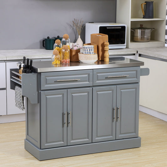 HOMCOM Isola da cucina mobile con contenitore, carrello da cucina portatile con piano in acciaio inox, grigio - N/D