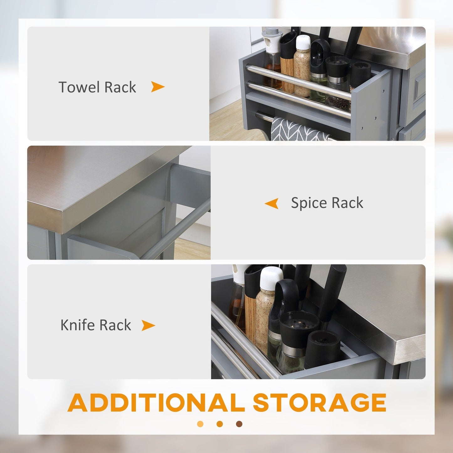 HOMCOM Isola da cucina mobile con contenitore, carrello da cucina portatile con piano in acciaio inox, grigio - N/D