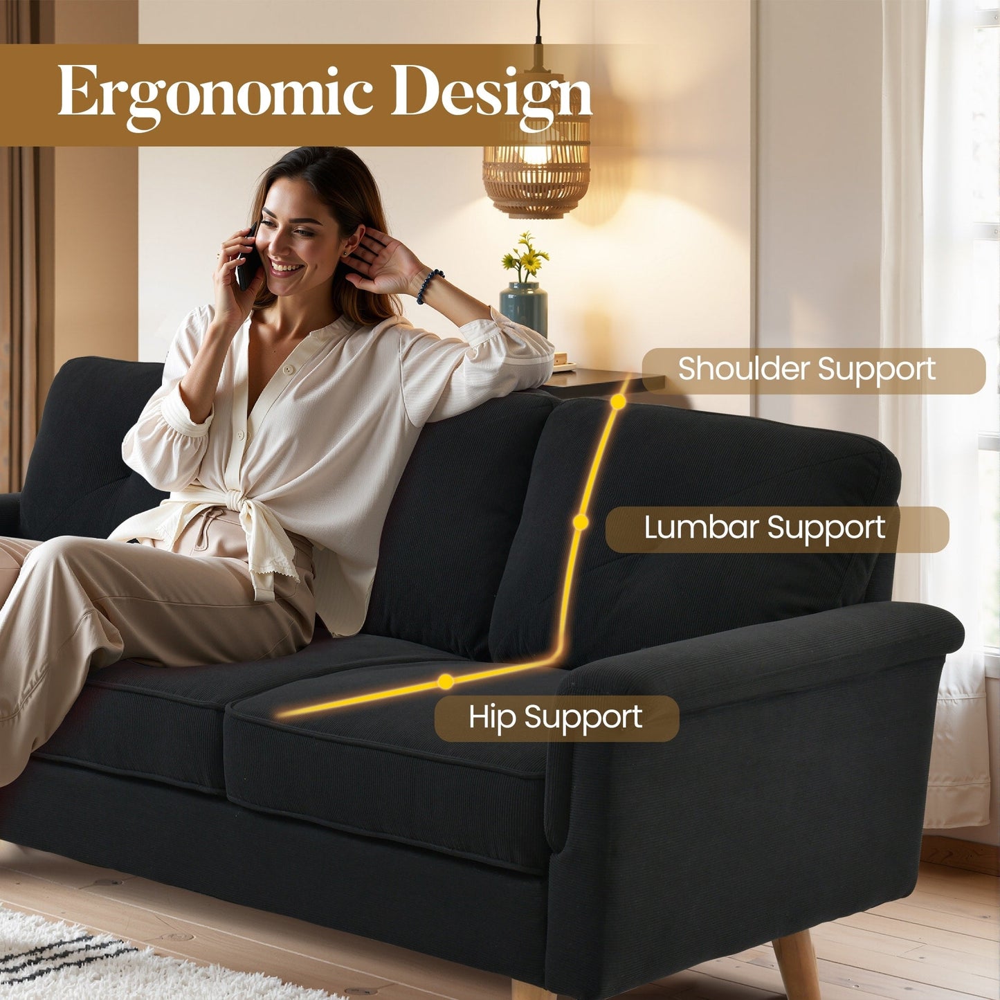 Divano imbottito HOOOWOOO Mid-Century a 3 posti con gambe in legno per soggiorno