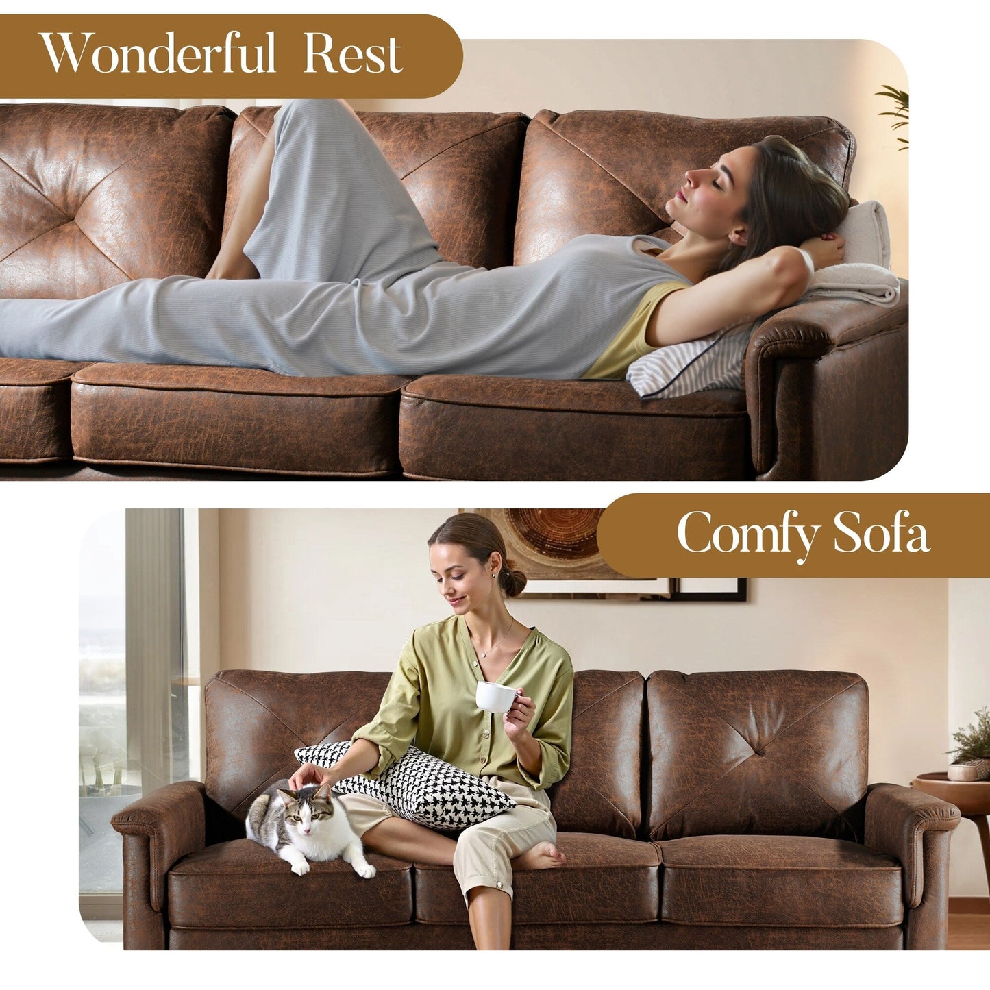 Divano imbottito HOOOWOOO Mid-Century a 3 posti con gambe in legno per soggiorno