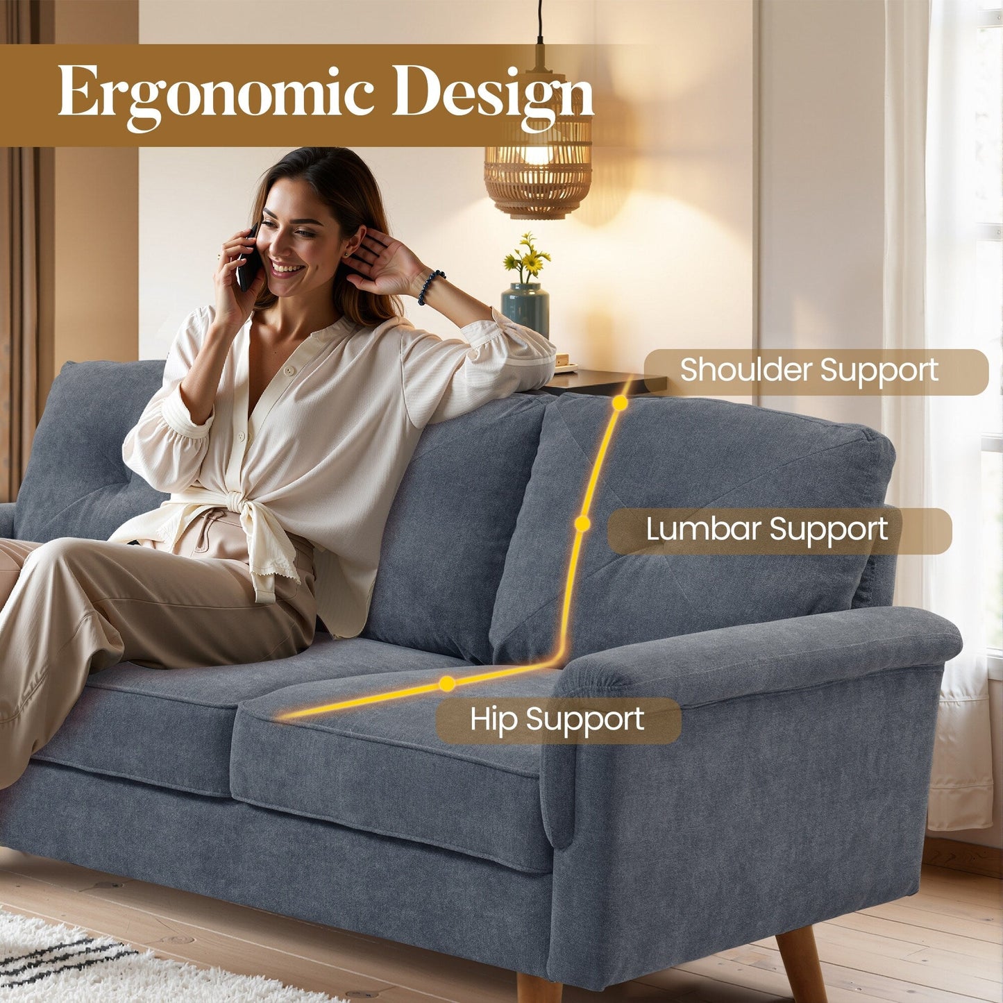 Divano imbottito HOOOWOOO Mid-Century a 3 posti con gambe in legno per soggiorno