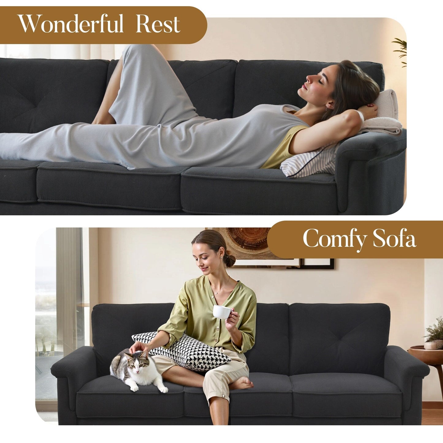 Divano imbottito HOOOWOOO Mid-Century a 3 posti con gambe in legno per soggiorno