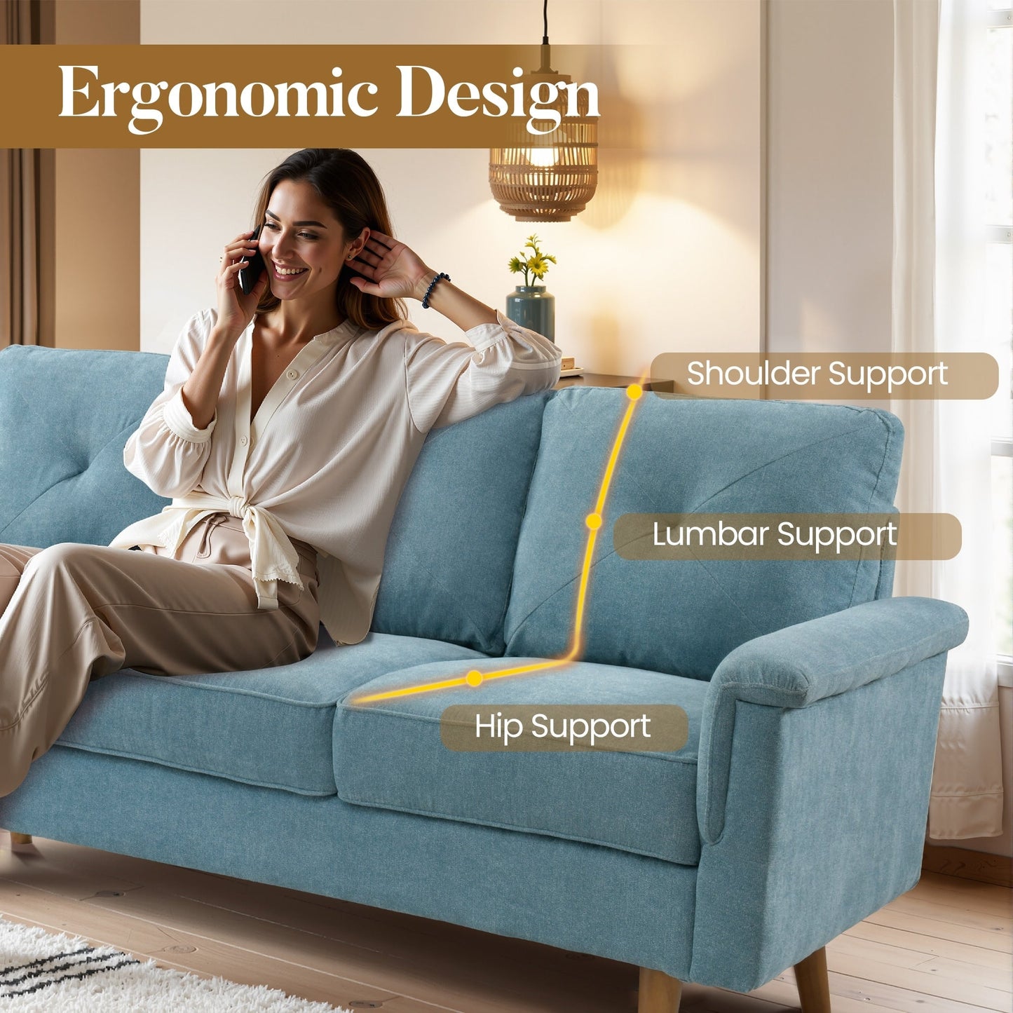 Divano imbottito HOOOWOOO Mid-Century a 3 posti con gambe in legno per soggiorno