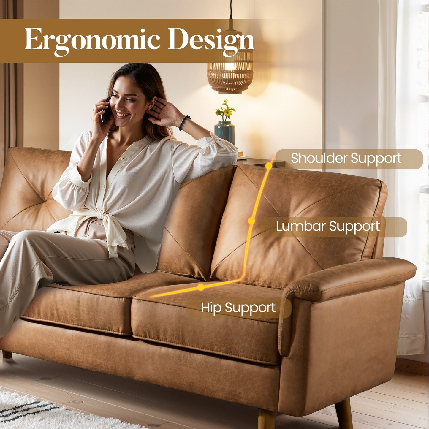 Divano imbottito HOOOWOOO Mid-Century a 3 posti con gambe in legno per soggiorno