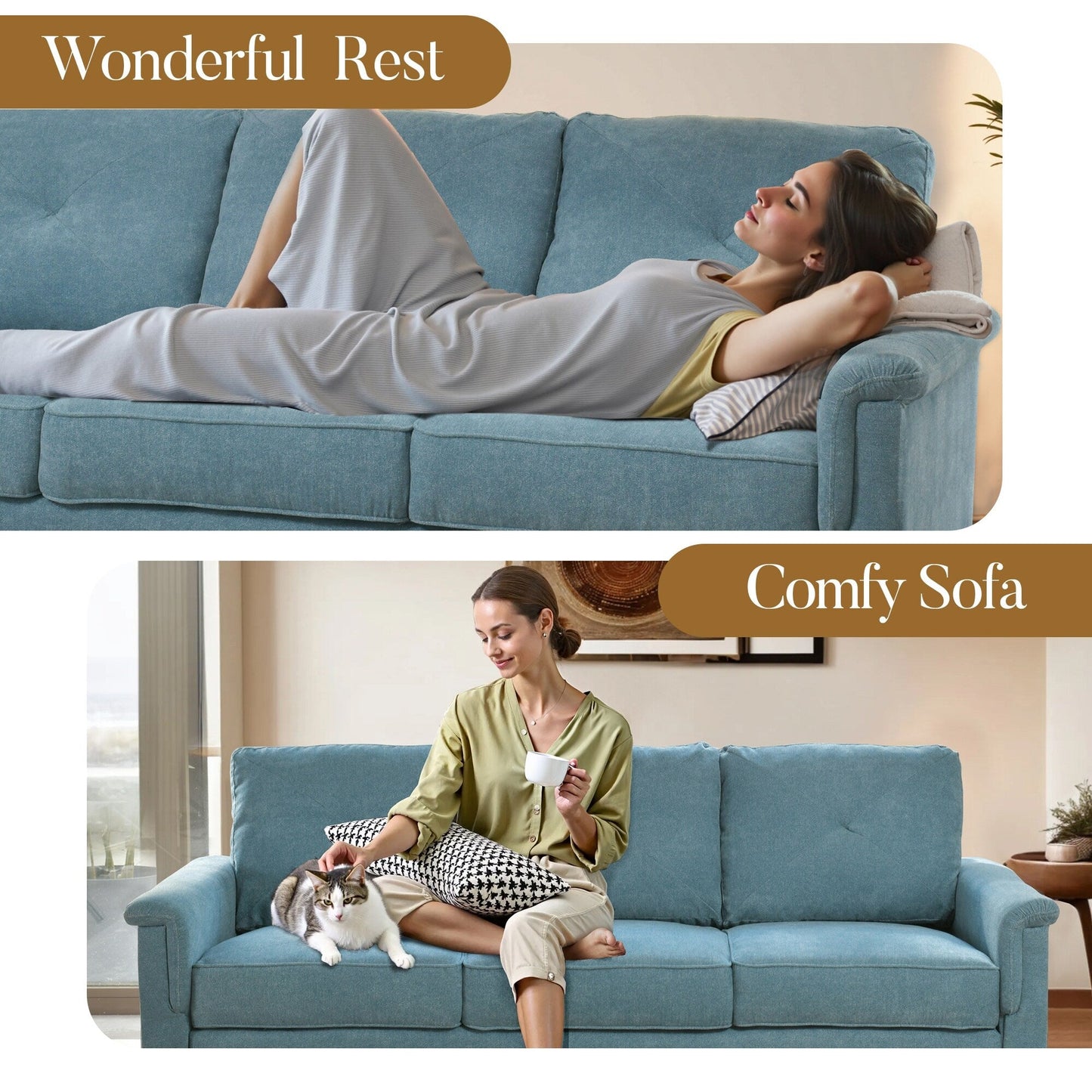 Divano imbottito HOOOWOOO Mid-Century a 3 posti con gambe in legno per soggiorno