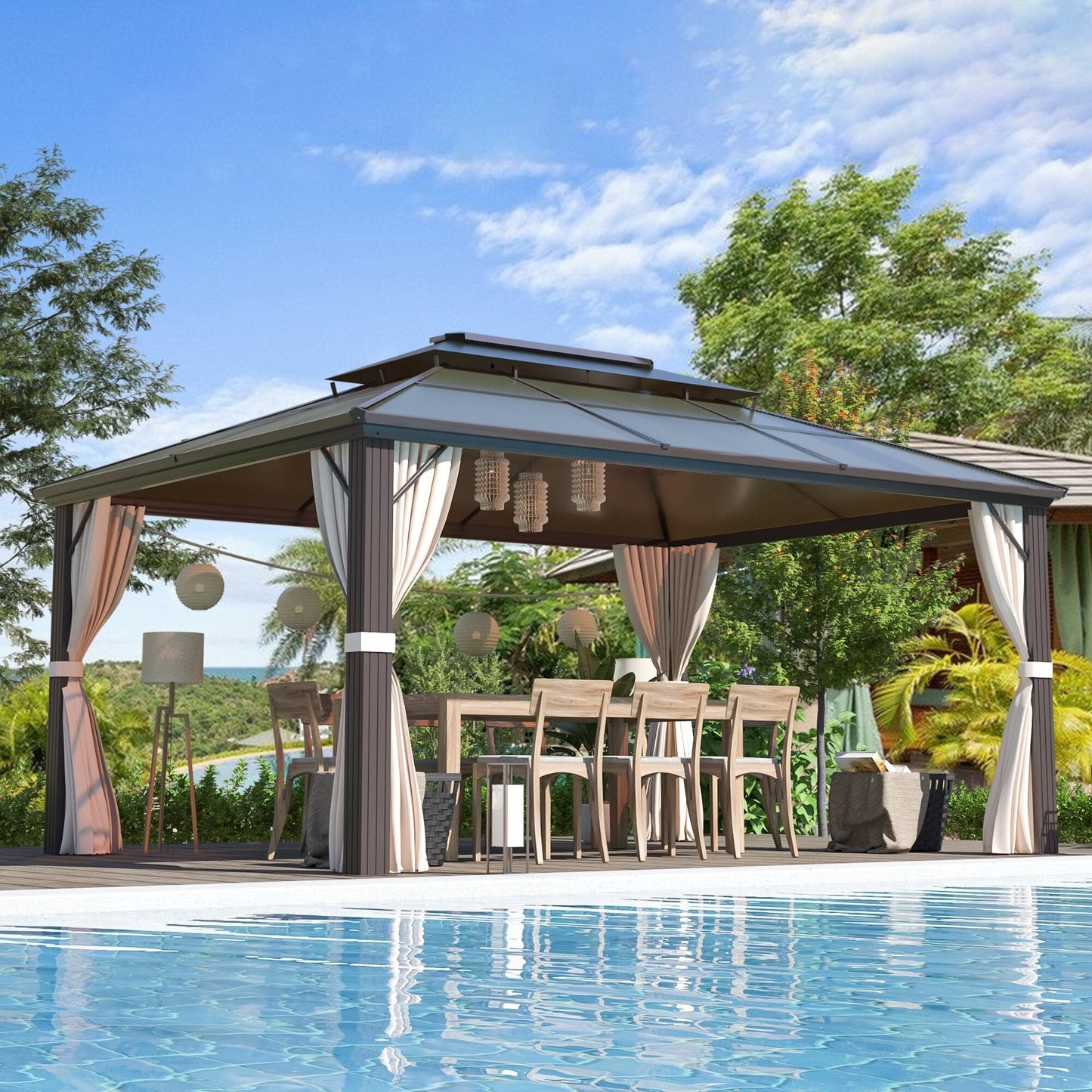 Gazebo rigido EROMMY, pergolato per esterni con doppio tetto, rete e tende, tettoia resistente per patio, cortile, feste in piscina