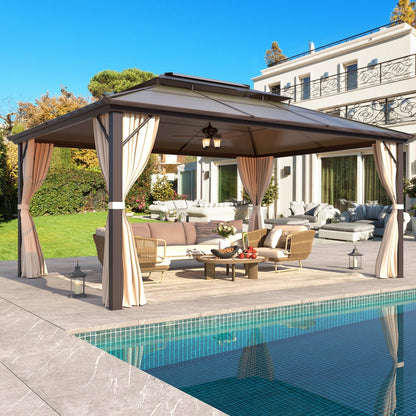 Gazebo rigido EROMMY, pergolato per esterni con doppio tetto, rete e tende, tettoia resistente per patio, cortile, feste in piscina