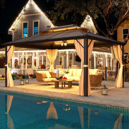 Gazebo rigido EROMMY, pergolato per esterni con doppio tetto, rete e tende, tettoia resistente per patio, cortile, feste in piscina