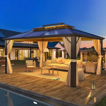 Gazebo rigido EROMMY, pergolato per esterni con doppio tetto, rete e tende, tettoia resistente per patio, cortile, feste in piscina