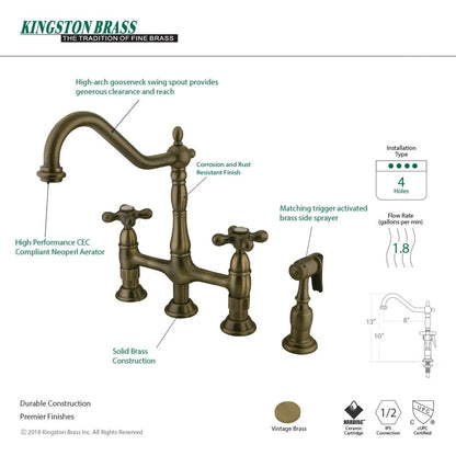 Rubinetto da cucina Kingston Brass Heritage Bridge con spruzzatore in ottone