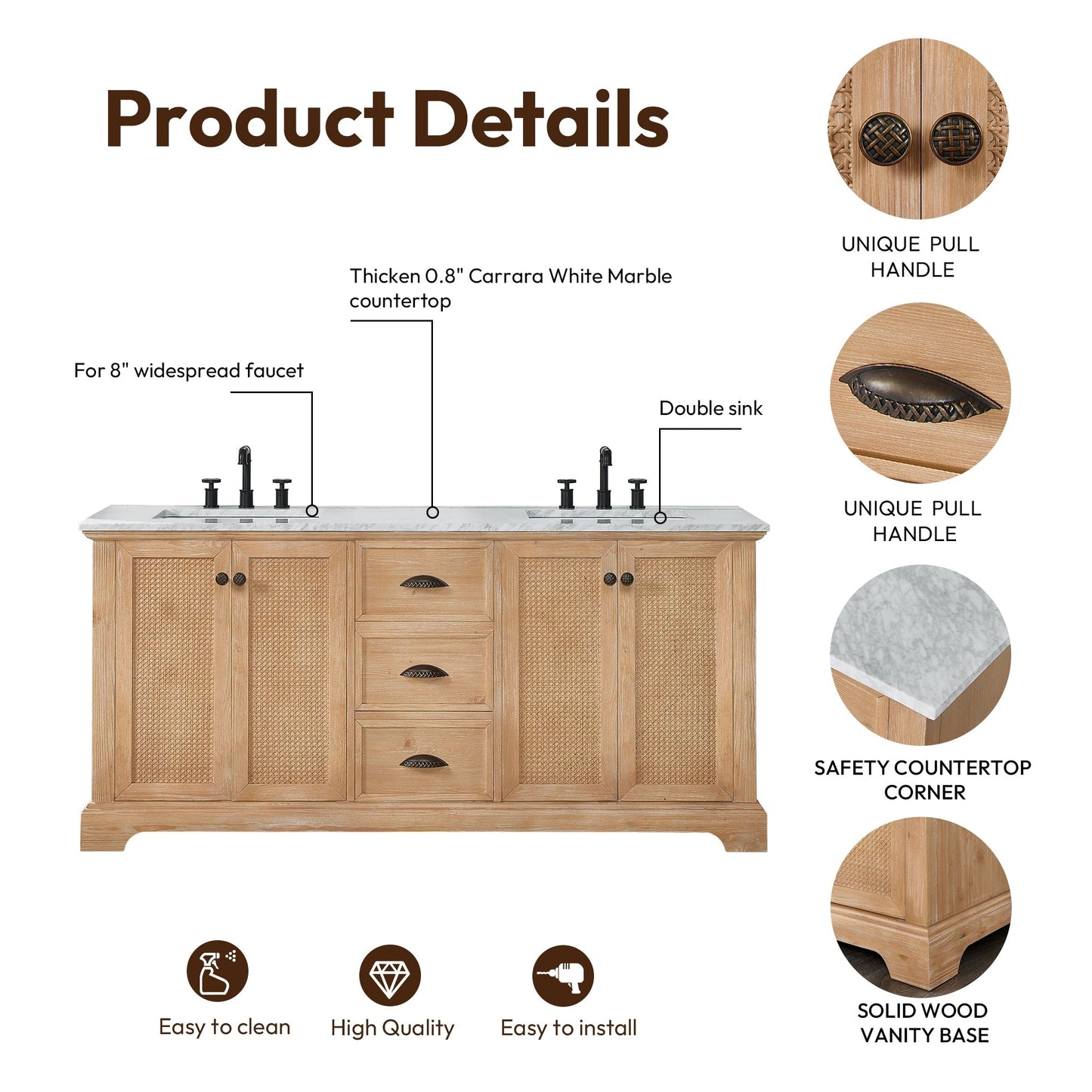 Mobile da bagno Hervas con piano in marmo naturale senza specchio