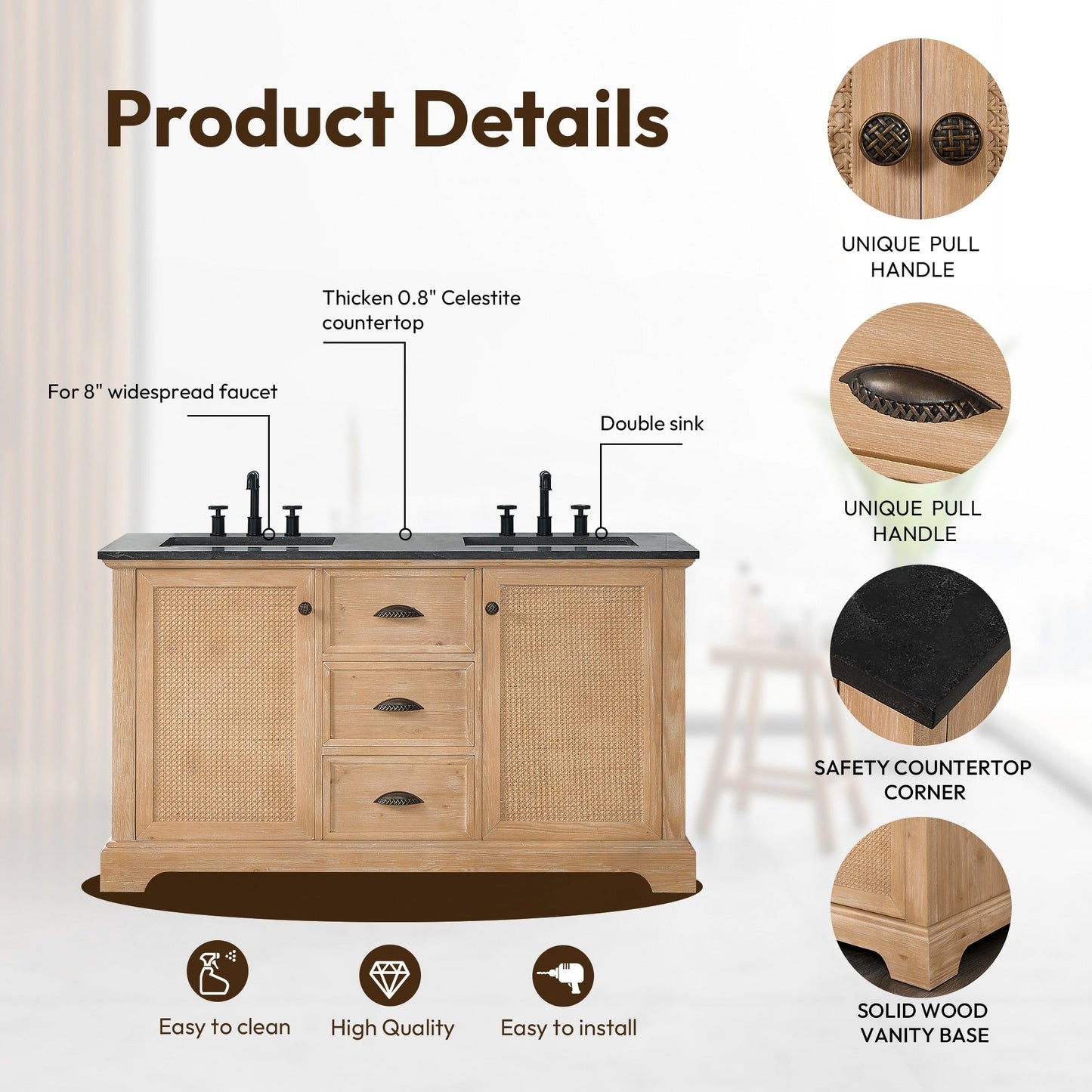 Mobile da bagno Hervas con piano in marmo naturale senza specchio