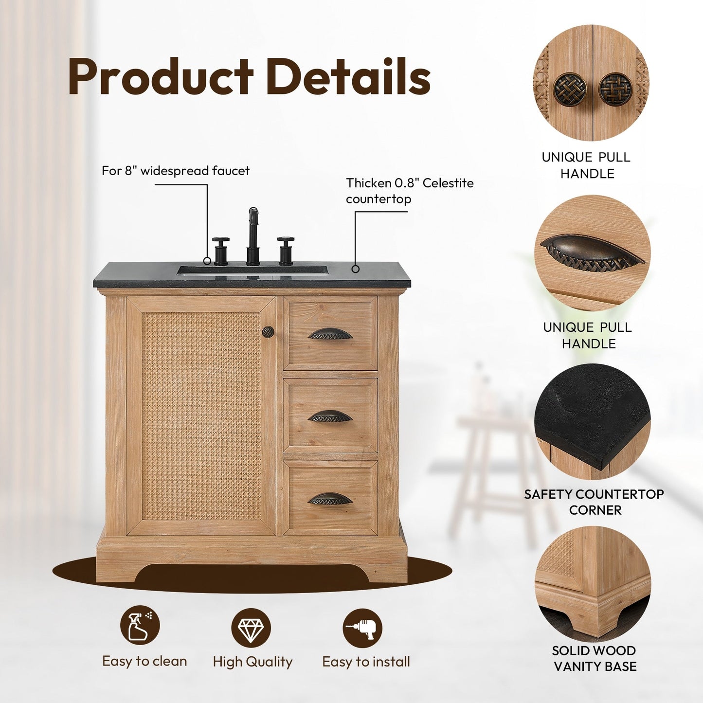 Mobile da bagno Hervas con piano in marmo naturale senza specchio