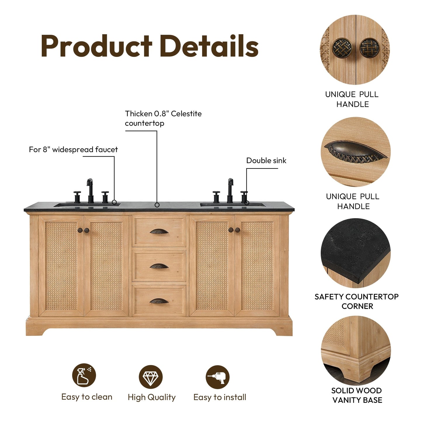 Mobile da bagno Hervas con piano in marmo naturale senza specchio