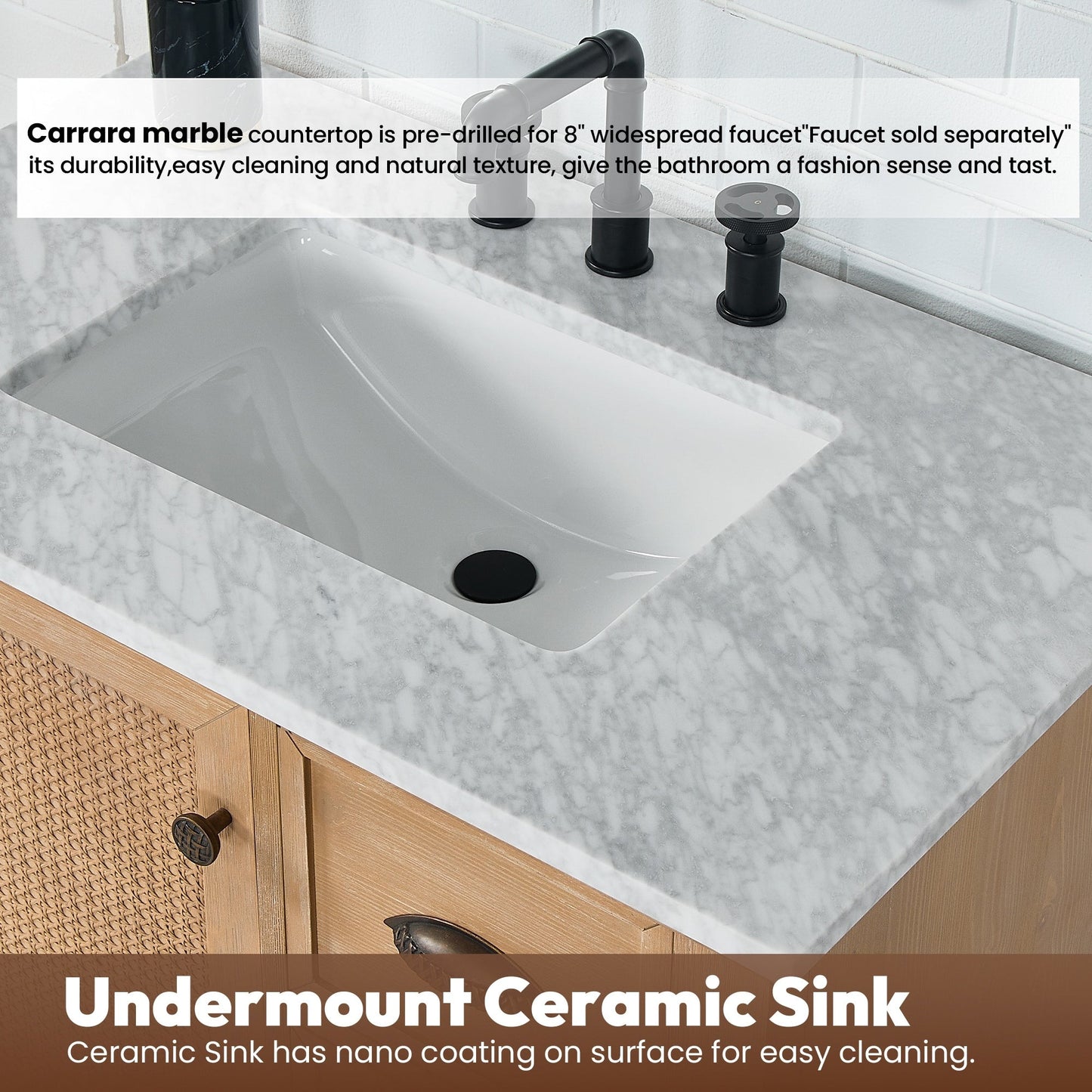 Mobile da bagno Hervas con piano in marmo naturale senza specchio