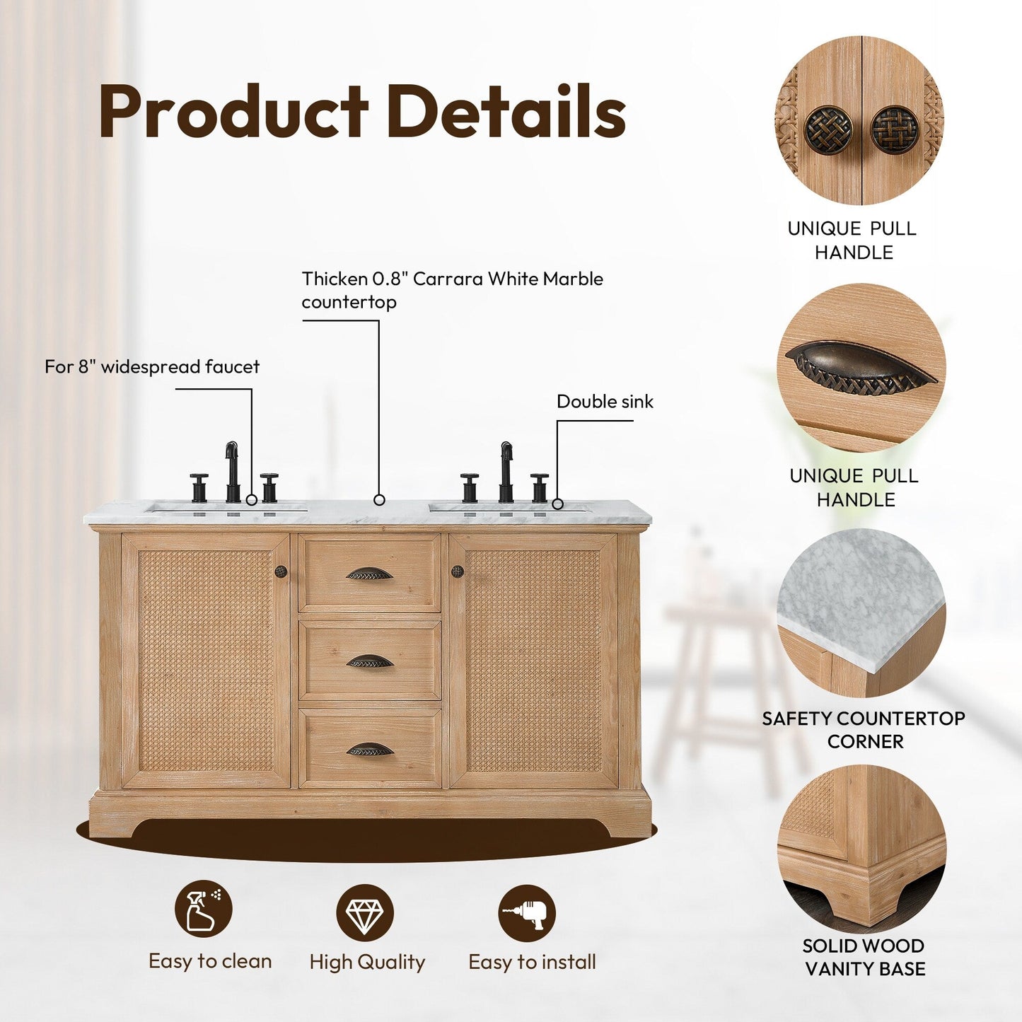 Mobile da bagno Hervas con piano in marmo naturale senza specchio