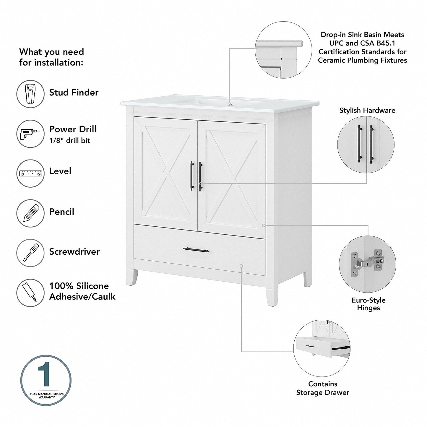 Mobile bagno Key West 32W con lavabo di Bush Furniture