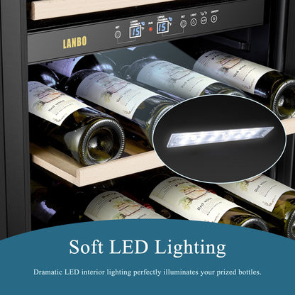 Cantinetta frigo per vino indipendente Lanbo da 20 pollici e 64 bottiglie a doppia zona, porta in vetro con finiture in acciaio inossidabile e due serrature di sicurezza