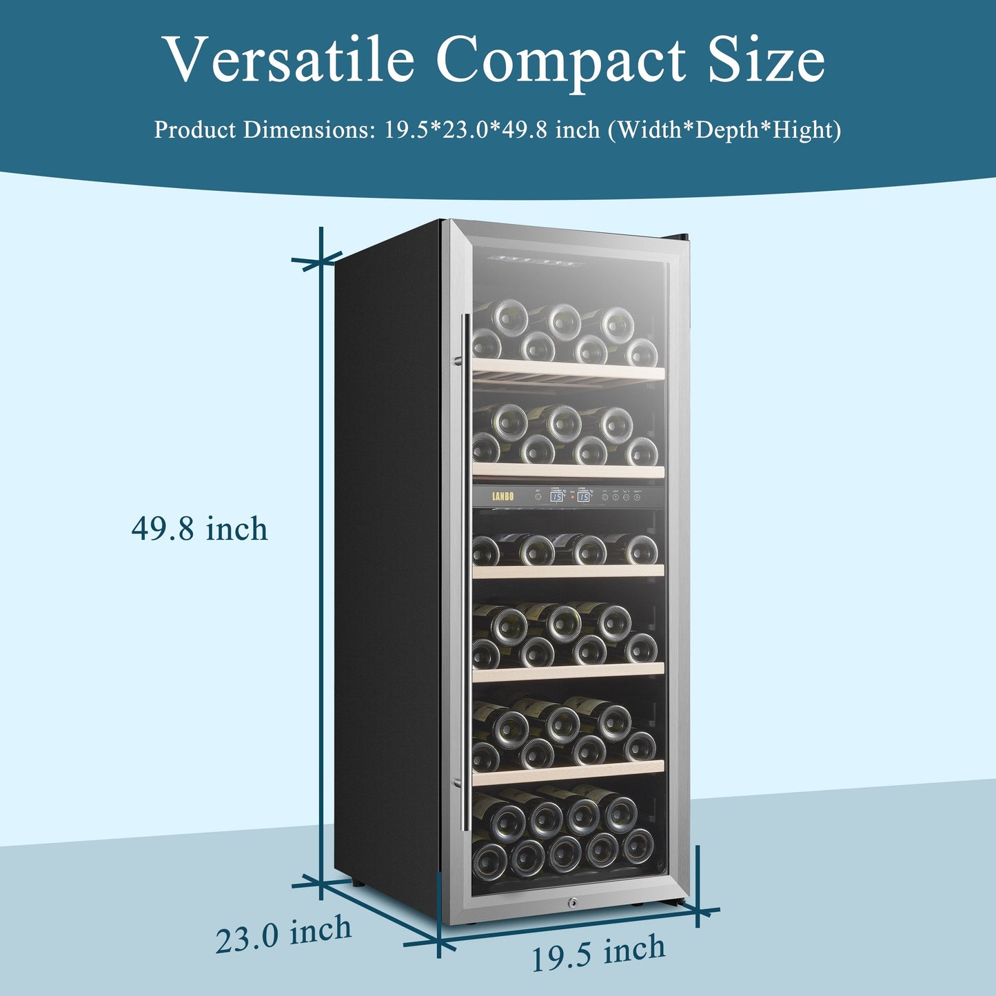 Cantinetta frigo per vino indipendente Lanbo da 20 pollici e 64 bottiglie a doppia zona, porta in vetro con finiture in acciaio inossidabile e due serrature di sicurezza