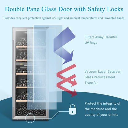 Cantinetta frigo per vino indipendente Lanbo da 20 pollici e 64 bottiglie a doppia zona, porta in vetro con finiture in acciaio inossidabile e due serrature di sicurezza