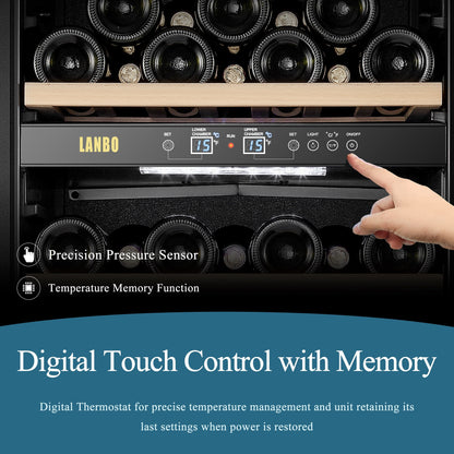 Cantinetta frigo per vino indipendente Lanbo da 20 pollici e 64 bottiglie a doppia zona, porta in vetro con finiture in acciaio inossidabile e due serrature di sicurezza