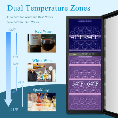 Cantinetta frigo per vino indipendente Lanbo da 20 pollici e 64 bottiglie a doppia zona, porta in vetro con finiture in acciaio inossidabile e due serrature di sicurezza