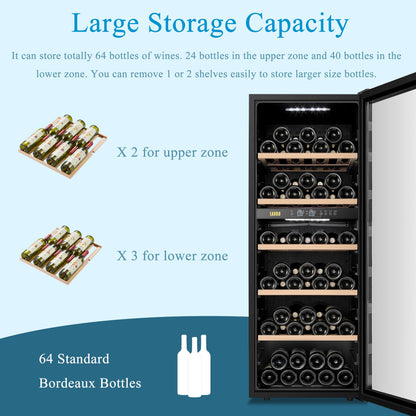 Cantinetta frigo per vino indipendente Lanbo da 20 pollici e 64 bottiglie a doppia zona, porta in vetro con finiture in acciaio inossidabile e due serrature di sicurezza