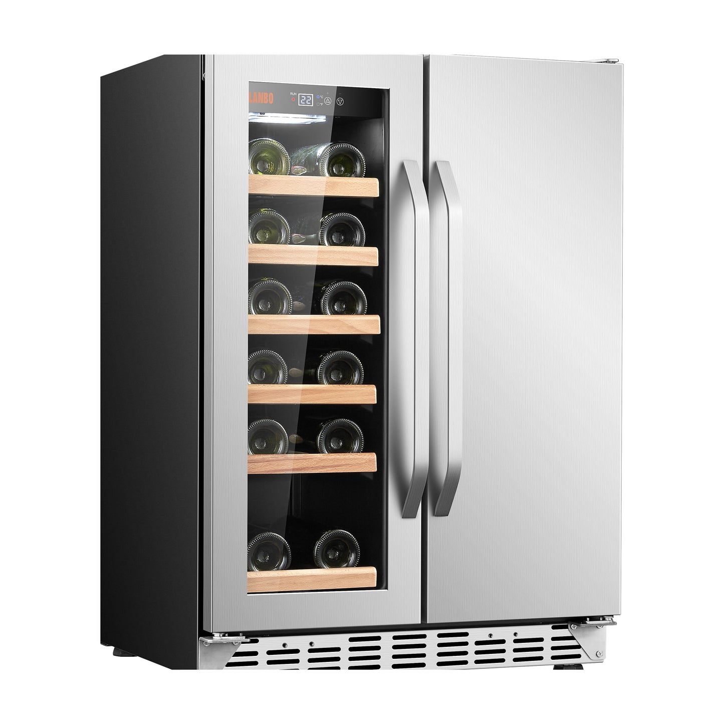 Refrigeratore Lanbo Dual Zone da 24 pollici per 18 bottiglie di vino e 55 lattine di bevande, in acciaio inossidabile e vetro con porta francese