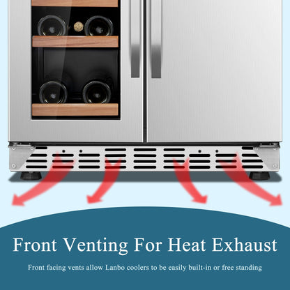 Refrigeratore Lanbo Dual Zone da 24 pollici per 18 bottiglie di vino e 55 lattine di bevande, in acciaio inossidabile e vetro con porta francese
